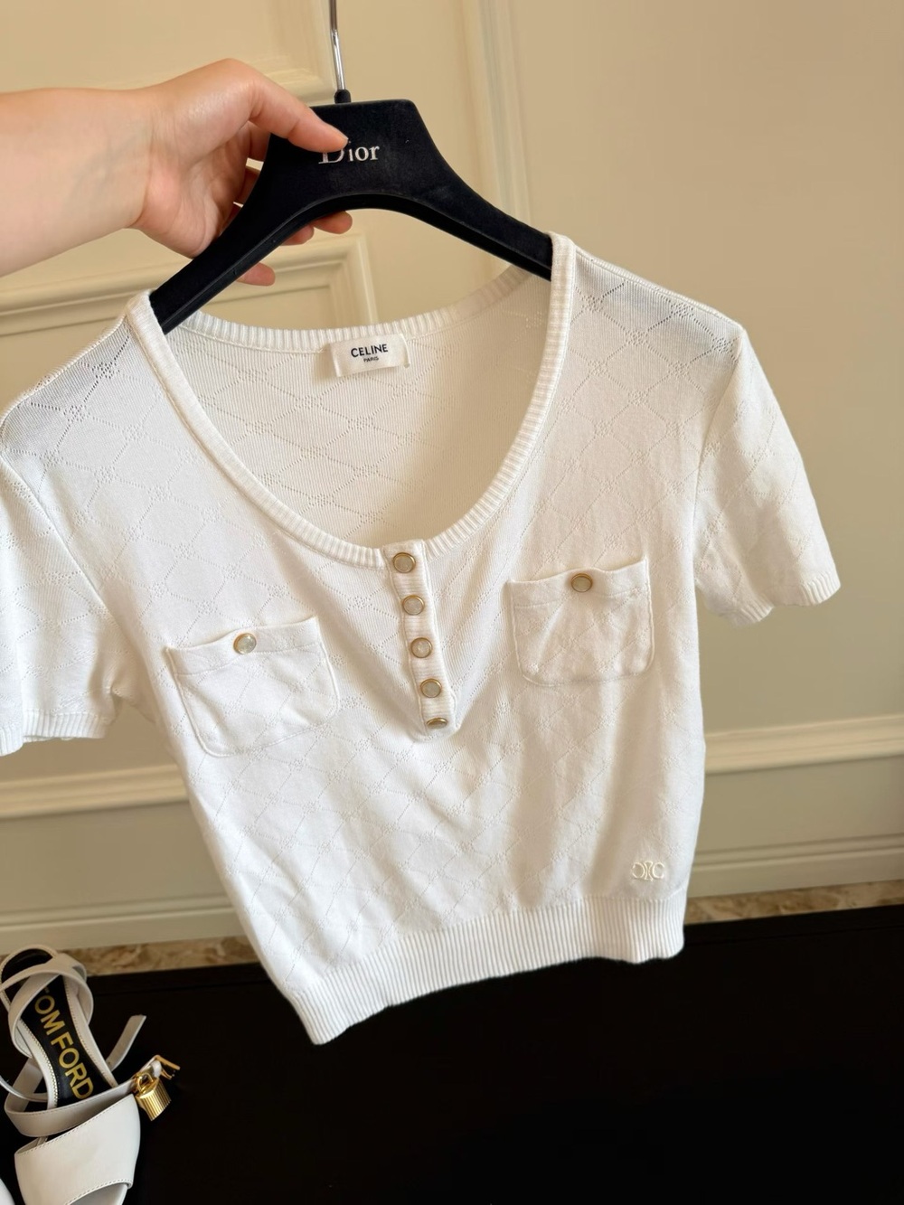 🚩steal Celine White Short-Sleeve Knit Polo Top with Button Placket